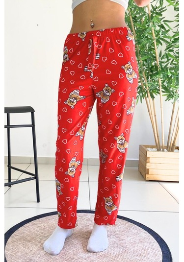 Dreamy Soft Kadife Dokulu Ayıcık Desenli Süet Pijama Altı Pantolon Kırmızı