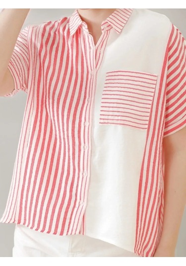 Kadın Keten Oversize Pembe Cizgili Beyaz Kısa Kollu Gömlek Pembe