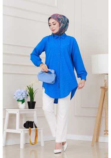 Sevitli Göğüsü Taş Detaylı Oversize Tunik-mavi-5228 Mavi