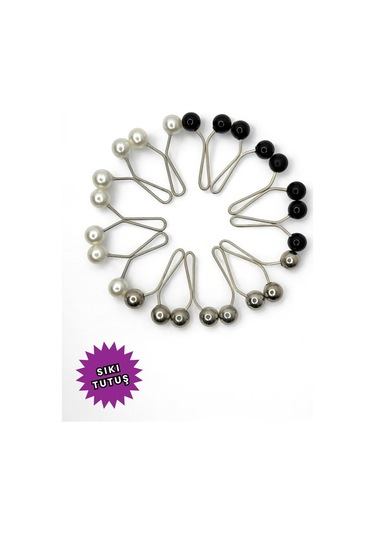 Eşarp Şal Klipsi 12 Adet Inci Model Klips 4 Beyaz - 4 Siyah - 4 Gümüş Kadın Tesettür Aksesuar Siyah - Beyaz - Gümüş