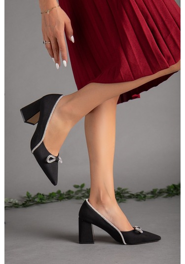 Saten Taşlı Kalın Topuk Siyah Kadın Stiletto-2029-SIYAH Siyah