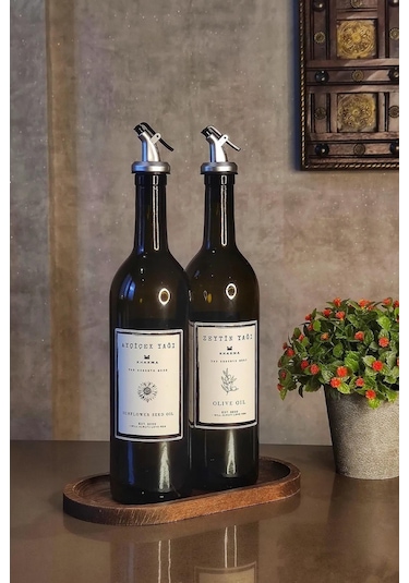 Khakma Ahşap Standlı Zeytinyağ  + Ayçiçek Yağ Şişesi 2'li Set Amber 750 ML