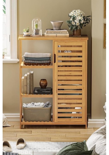 Digithome Bambu Masif 3 Raflı Tek Kapaklı Çok Amaçlı Düzenleyici Organizer Dolap Db-0005 Kahverengi