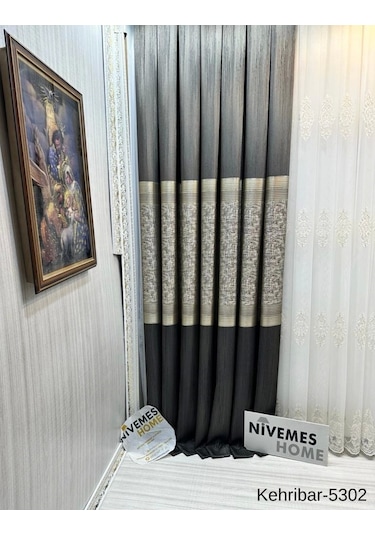 Nivemeshome Kehribar Ft614162 Antrasit V-5302 Pano Fon Perde 1/3 Sık Pileli Perde Apm Çok Renkli