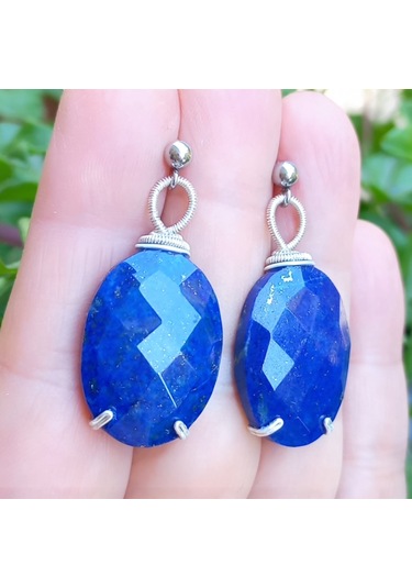 2742 Lapislazuli El Yapımı Çelik Aparatlı Küpe Lacivert