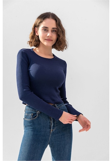 Gri Uzun Kollu Fitilli Bluz Crop Örme T-shirt Koyu Lacivert