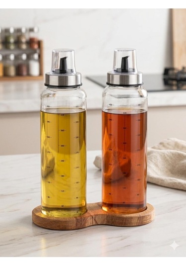 Ahşap Standlı Cam Yağdanlık Seti Damlatmaz Kapak 500 Ml 2 Li Set Şeffaf