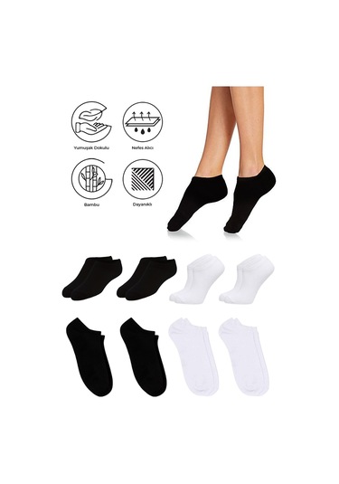 Bambu Kadın Sneaker Siyah-beyaz Çorap Dikişsiz Görünmez Spor 4'lü Siyah - Beyaz
