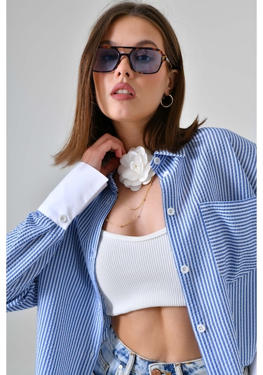 Saade Mavi Çizgili Crop Gömlek Mavi