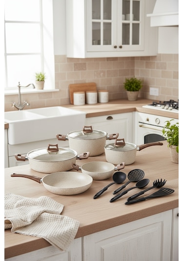 Bernardo Marcel 13 Parça Granit Tencere Seti Krem Krem