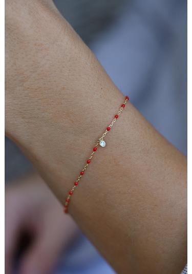 Yenigün Kuyumculuk 14 Ayar Altın Kırmızı Boncuklu Ve Tek Taş Detaylı Bileklik Sarı Altın