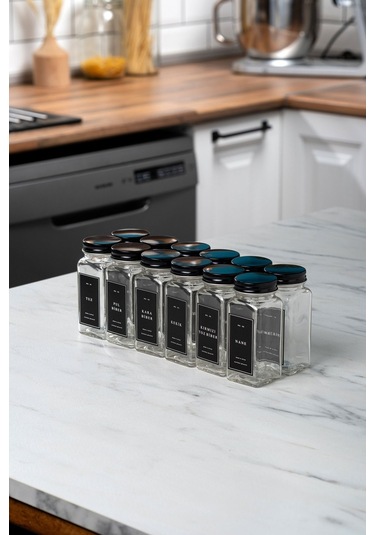 Mienda Home 12 Adet Cam Baharatlık Seti Siyah Etiketli-kapaklı Baharatlık Cam Takım-mh00syh12 Siyah - Şeffaf