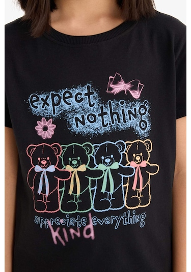 Defacto Kız Çocuk Bisiklet Yaka Baskılı Kısa Kollu Tişört E0350a825smbk81 Siyah