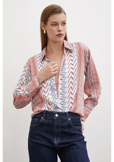 Kadın Uzun Kol Geometrik Desenli Renkli Pamuk Saten Premium Kalite Spor Şık Gömlek Kırmızı
