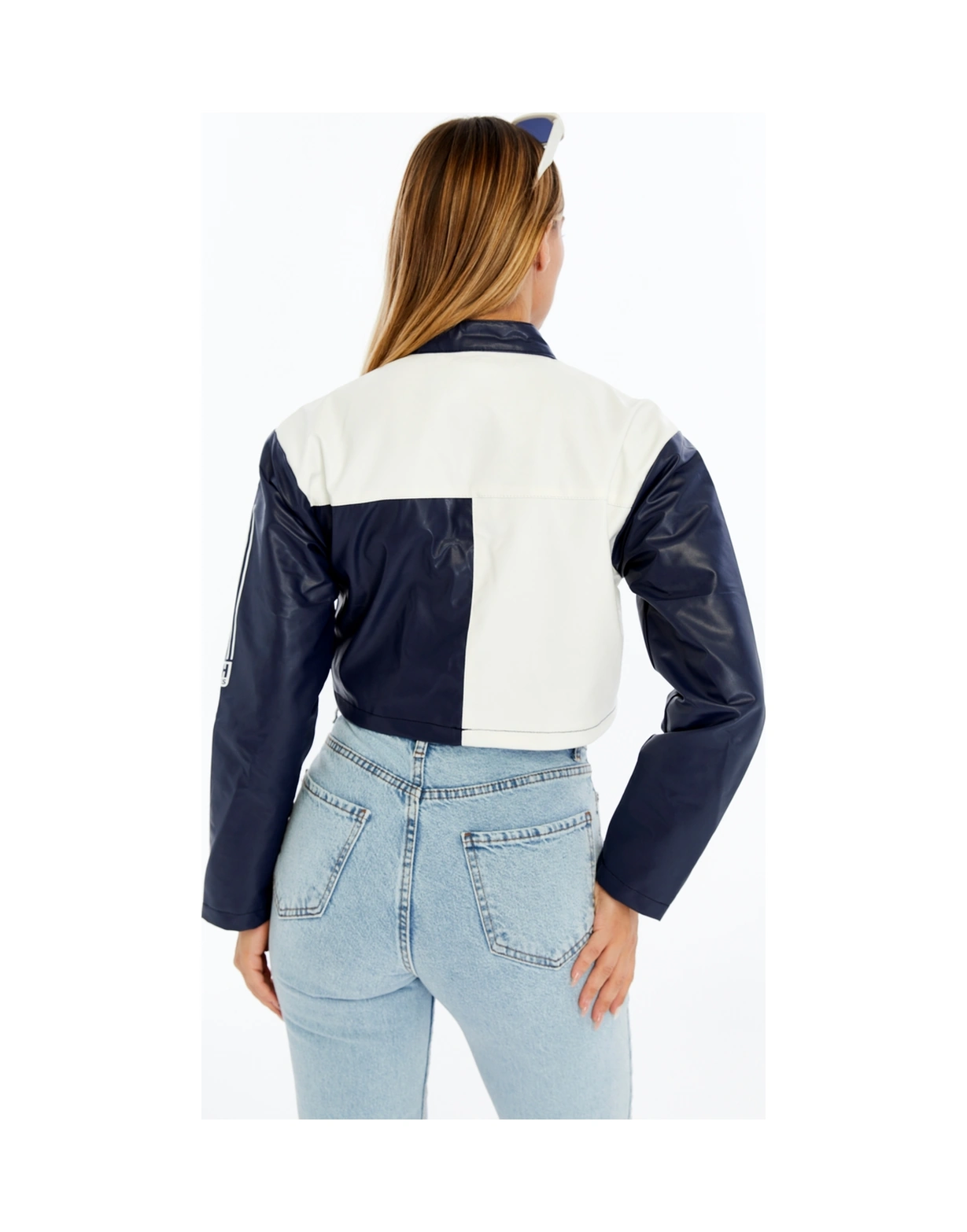 Kadın Crop Deri Ceket Renkli Baskılı Motorcu Stil Mont - Kısa Ceket Çok Renkli Mont - Hakim Yaka Lacivert