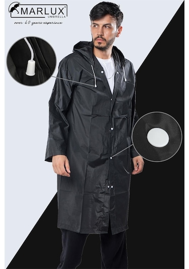 Marlux Unisex Su Rüzgar Geçirmez Kapüşonlu Çıtçıt Düğme Eva Yağmurluk - Siyah - Beyaz