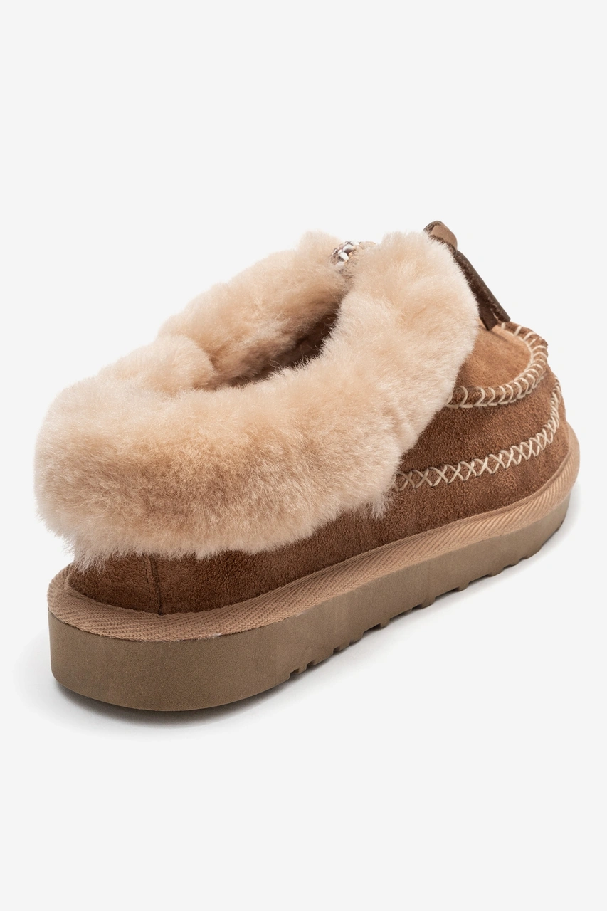 Norıel Toprak Süet Hakiki Deri Dikişli Kürklü Kadın Makosen Terlik Toprak