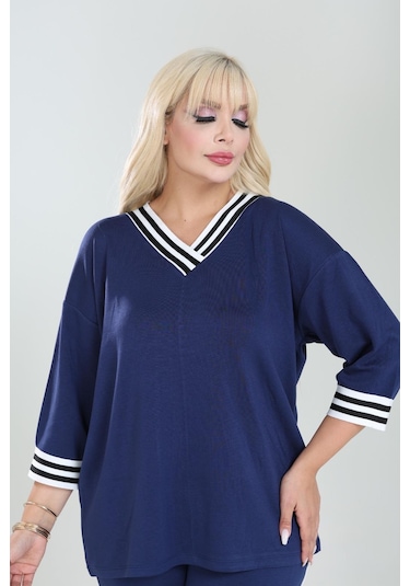 Şeritli Takım Oysho Modal Kumaş Şeritli Yumuşak Dokulu M-6xl Lacivert