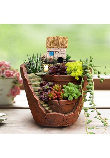 Jeehugo Kahverengi Sentetik Reçine Süs Bitki Saksısı - Detaylı Sanatsal Desen, Su Drenajı & Kaymaz Önleyici - Ev Dekorasyonu İçin Hafif Ve Dayanıklı