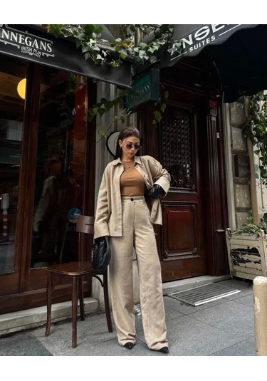 Süet Gömlek Palazzo Pantolon İkili Takım - Bej Bej