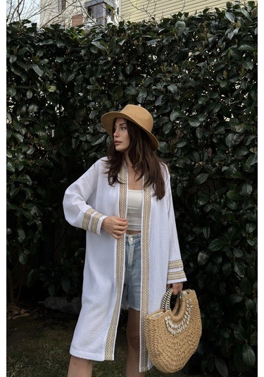 Kadın Beyaz Müslin Kumaş, Hasır Şerit Detaylı Salaş Kimono Ceket Beyaz