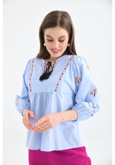 Kadın Bisiklet Yaka Balon Kol Otantik Nakış Detaylı Dokuma Bluz Bebe Mavi
