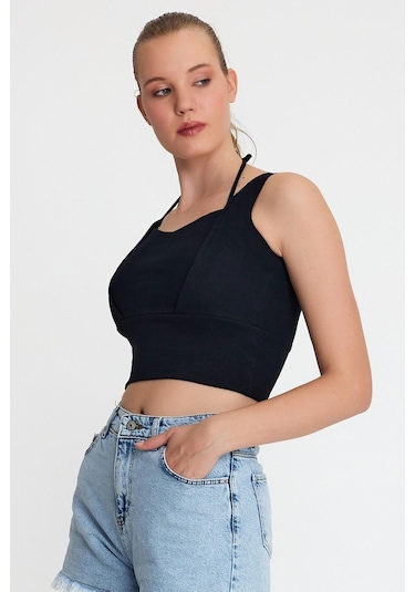 Polo State Kadın Ense Biye Detaylı Crop Siyah