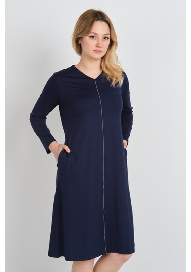 Sistas Kadın V Yaka Parlak Şerit Detaylı Uzun Kollu Çift Cepli Elbise 24442 Lacivert Lacivert