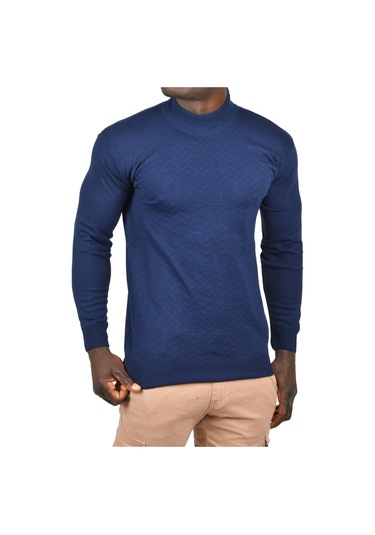 Deepsea Erkek Lacivert Zigzag Desenli Yarım Balıkçı Yaka Dar Kesim Boğazlı Triko Kazak 2505496 Lacivert