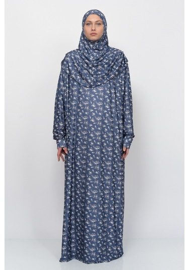 Pratik Tek Parça Çiçek Desenli Kollu Tak Çıkar Başörtülü Likralı Tesettür Namaz Elbisesi 990-0201 Lacivert Antrasit