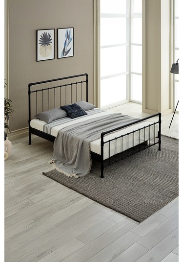 Odin Çift Kişilik Metal Karyola-siyah Ahşap Latalı