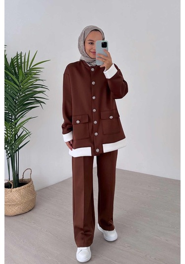 Zarif Düğme Detaylı İkili Scuba Takım - Kahverengi Kahverengi