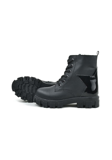 Rakerplus Hakiki Deri Siyah Yıldız Detaylı Kız Çocuk Bot Siyah