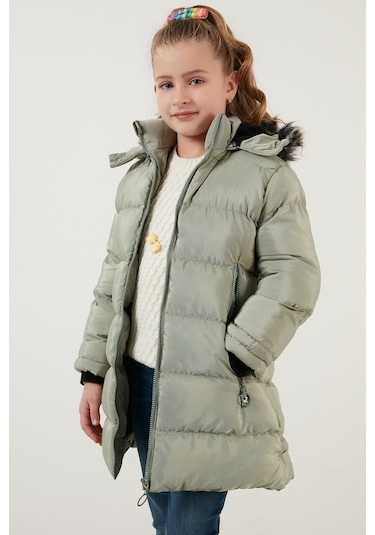 Lela Peluş Astarlı Yakası Suni Kürklü Çıkarılabilir Kapüşonlu Kışlık Kız Çocuk Mont 5766038 Mint