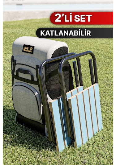 Bino Suya Dayanıklı Şık Ahşap Tasarım Kamp ve Bahçe Tabure 2'li Set Mavi