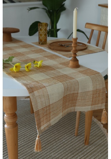 Yakacihome Juta Tarçın 5 Parça 4 Parça Amerikan Servis & 1 Parça Püsküllü Runner Jüt Kumaş Sofra Seti Tarçın
