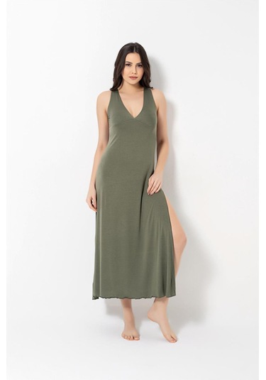 Monamise 18485 Kadın Kalın Askılı Göğüs Ve Sırt Dekoteli Brode Dantelli Yırtmaçlı Gecelik-haki Haki