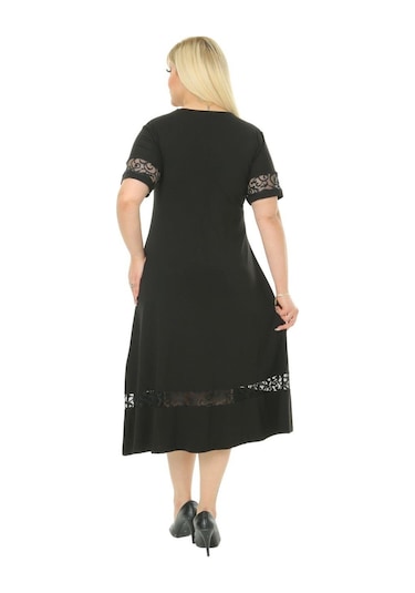 Melsay Butik Dantel Detaylı Kadın Büyük Beden Midi Elbise Siyah