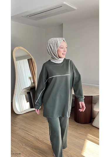 Olivia Kadın Mevsimlik Penye Alt Üst Spor Ve Rahat Tesettür İkili Takım Haki