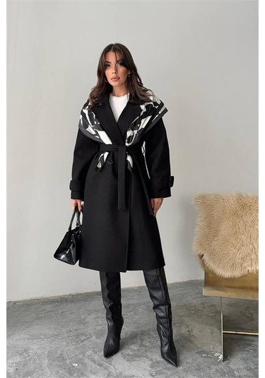 Neşeli Butik Kadın Kuşak Detaylı Astarlı Kaşe Kaban Nbg120 Siyah