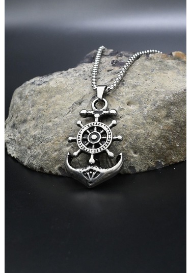 Çapa Dümen Figürlü Kolye Paslanmaz Çelik Zincir 902291 Gümüş