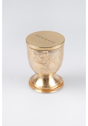 Altın Varak Eskitme Ayaklı Cam Mumluk Kokusuz Mum Yazı Kapaklı Küçük 8.5x11.5 Cm