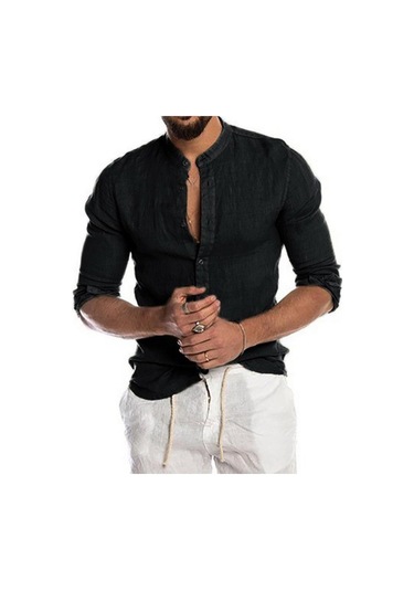 Siyah Erkek Pamuklu Keten Uzun Kollu Henley Gömlek Rahat Bol Düğmeli Üstler Tişört Siyah