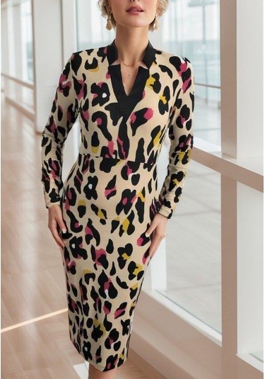 Kadın Uzun Kollu V Yaka Puantiyeli Krep Midi Boy Elbise Leopar