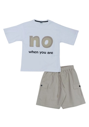 Erkek Çocuk No Yazılı Paraşüt Kumaş Şortu Bej Renk Oversize Takım