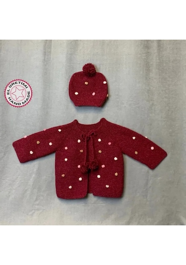 Uretti - Yıldız 7202 - El Örgüsü Bordo Hırka - Şapka İkili Bebek Takımı - 1/2 Yaş Bordo
