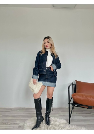 Keymoda Kadın Denim Etek Ceket Takım Mavi Mavi