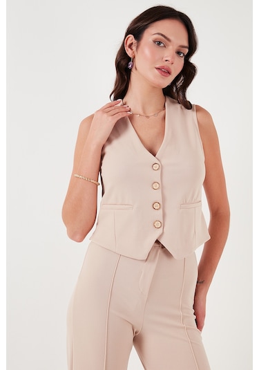 Lela Streç Fitted Fit V Yaka Düğmeli Bayan Yelek 5865971 Taş