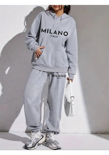 Hırsch Gri Kadın Oversize Basic Kapüşonlu Lastikli Milano Italy Baskılı Pamuklu Eşofman Takımı Gri