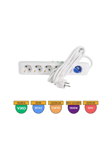 Viko Multi-let 6'lı Grup Priz Topraklı Çocuk Korumalı 3 Metre Beyaz - 90113603